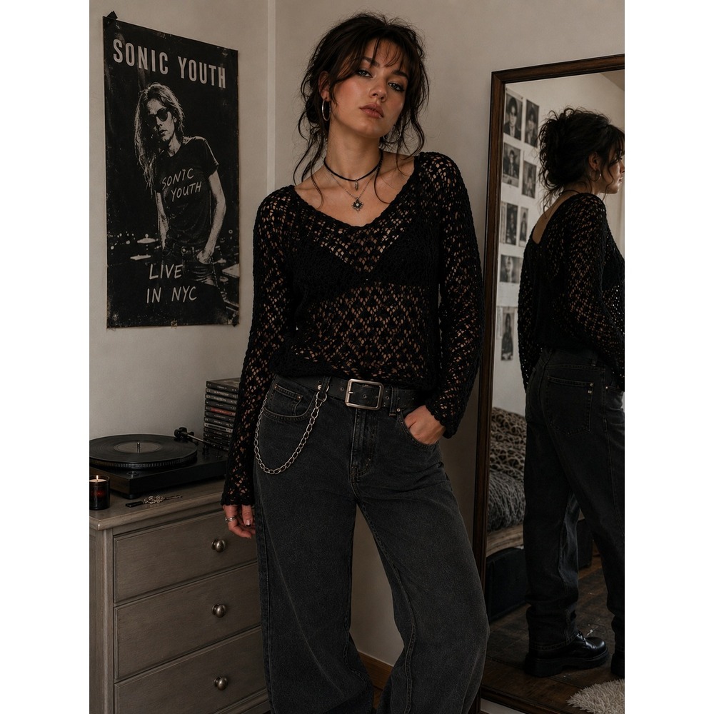 Women Crochet Open Knit Top Black Gothic Boho Sheer Pullover 90s grunge festival